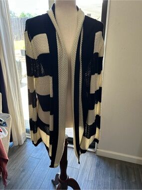 Studio Black & Cream Striped Open Drape Cardigan
